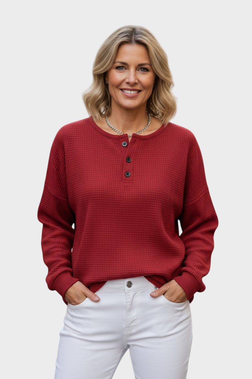 Wafelgebreide comfortabele trui met knoopdetail – dames