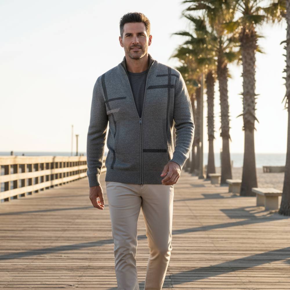 Heren vest | Gebreid vest met modern lijnpatroon en rits