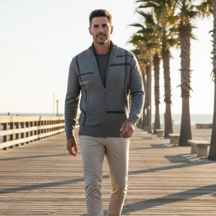 Heren vest | Gebreid vest met modern lijnpatroon en rits