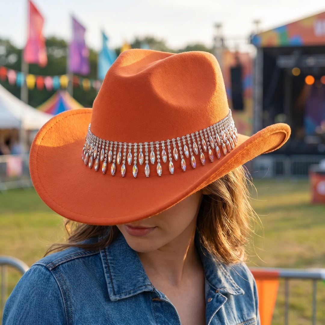 Hoed | Oranje hoed met steentjes en band