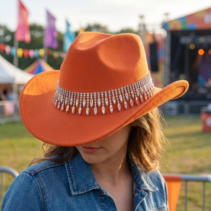 Hoed | Oranje hoed met steentjes en band