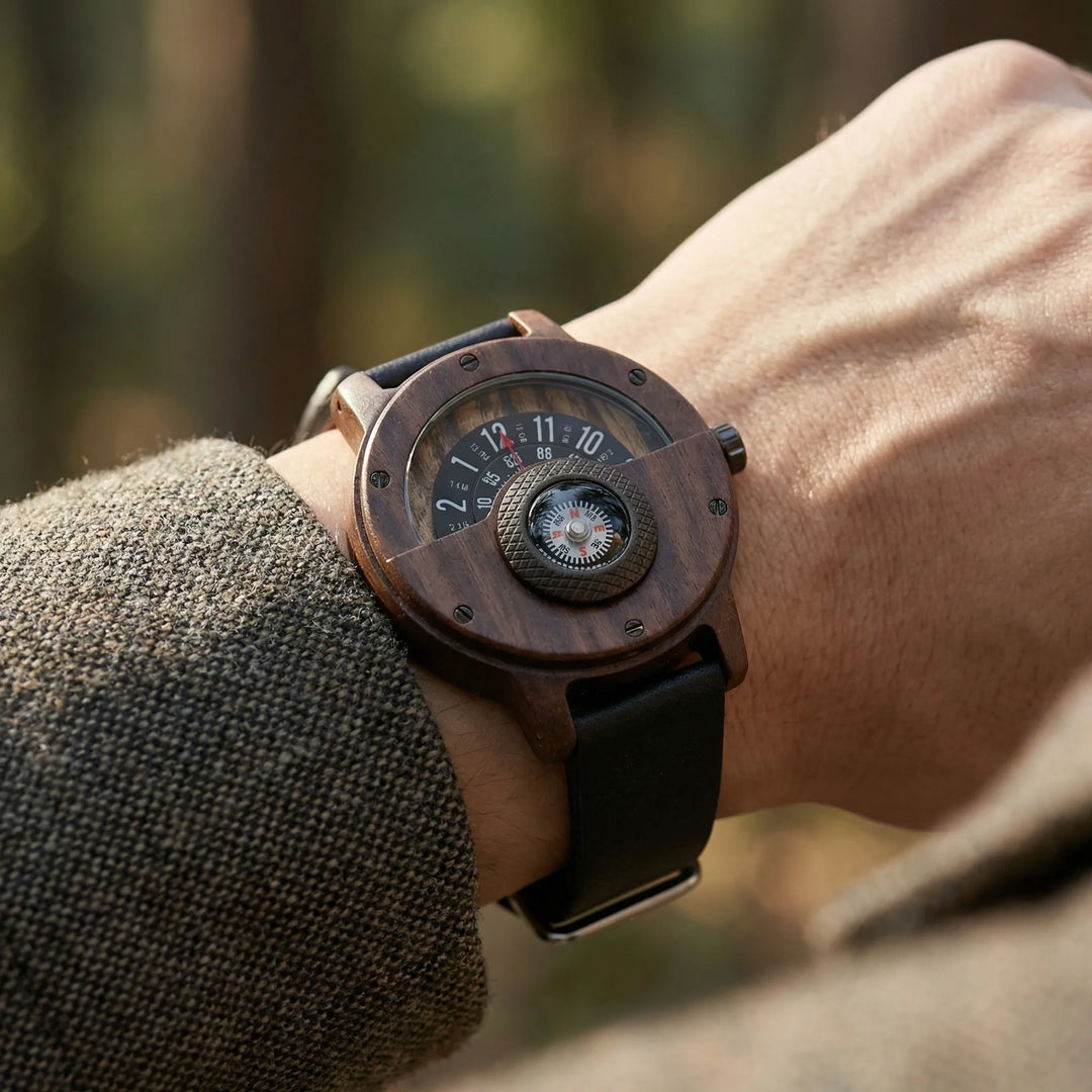 Horloge heren | Houten horloge Helvique met leren band