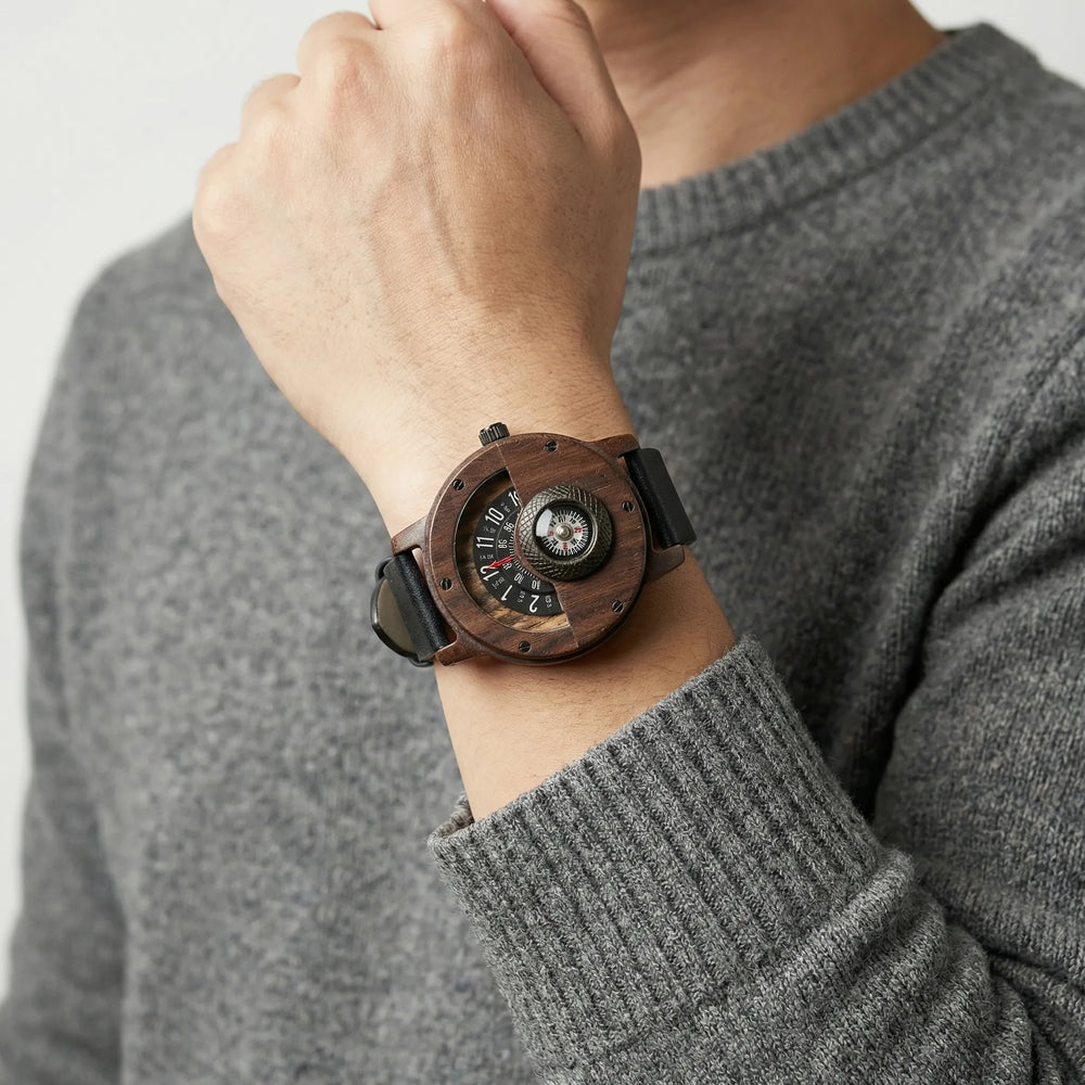 Horloge heren | Houten horloge Helvique met leren band