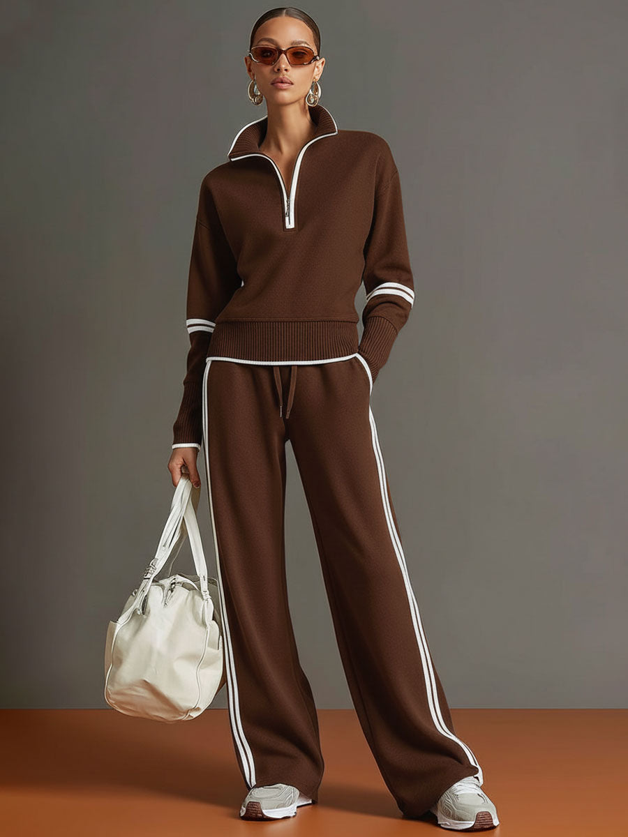 Jogging set dames | Half zip sweater loungewear met wijde broek