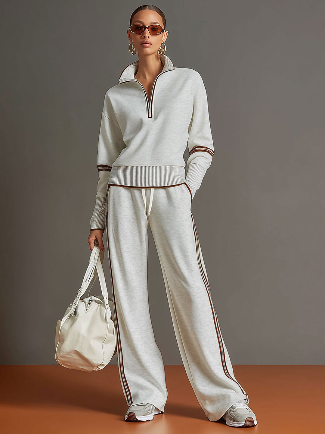 Jogging set dames | Half zip sweater loungewear met wijde broek