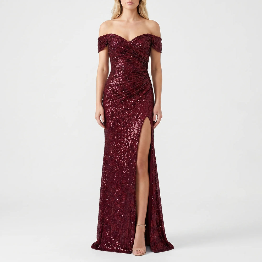 Jurk dames | Lange avondjurk met split en off shoulder
