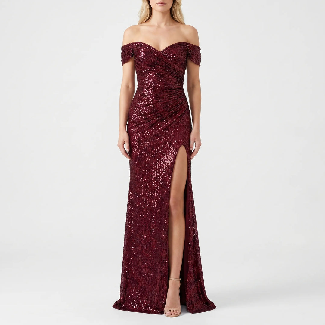 Jurk dames | Lange avondjurk met split en off shoulder