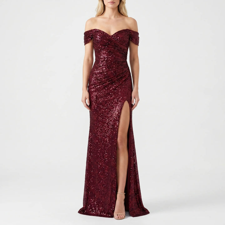 Jurk dames | Lange avondjurk met split en off shoulder