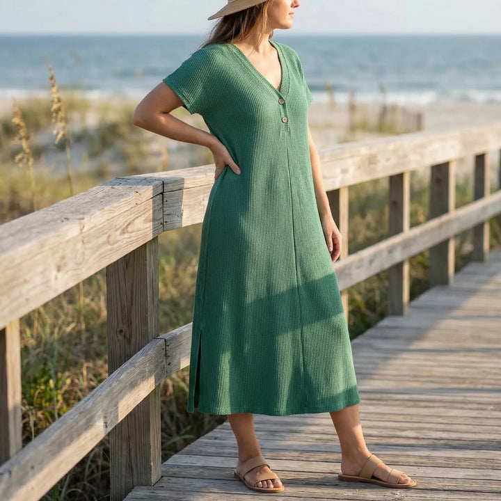 Jurk dames | Zomerjurk met v-hals en korte mouw