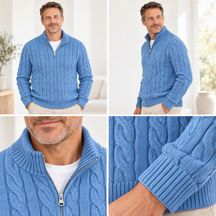 Kabeltrui heren | Gebreid model met half zip en hoge kraag