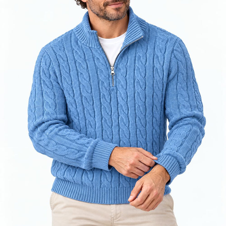Kabeltrui heren | Gebreid model met half zip en hoge kraag