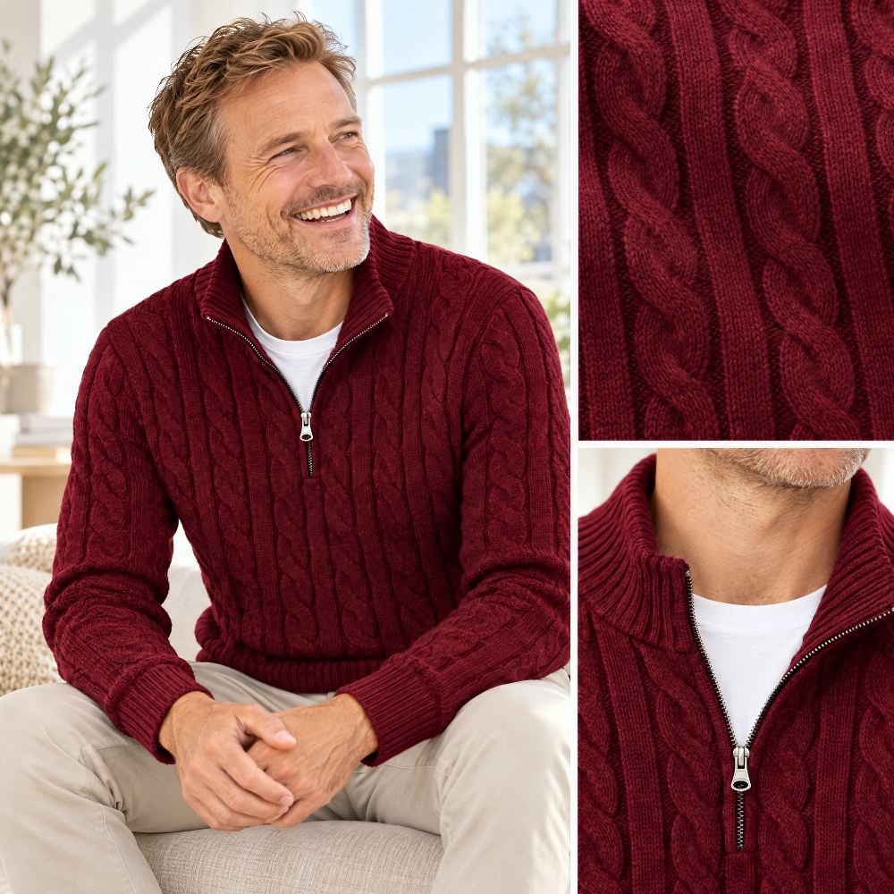 Kabeltrui heren | Gebreid model met half zip en hoge kraag