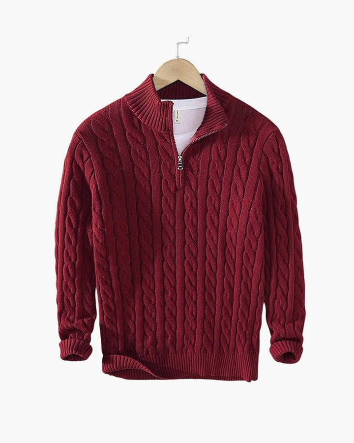Kabeltrui heren | Gebreid model met half zip en hoge kraag