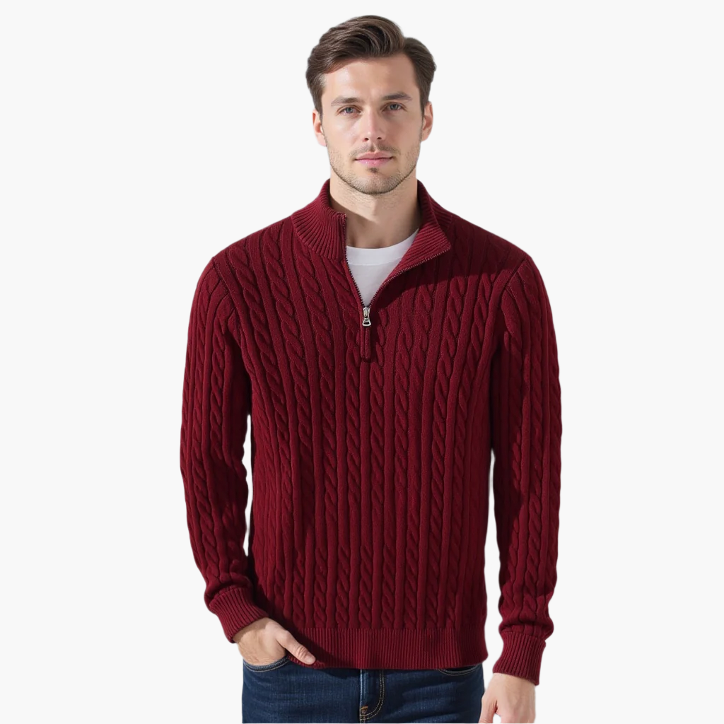 Kabeltrui heren | Gebreid model met half zip en hoge kraag