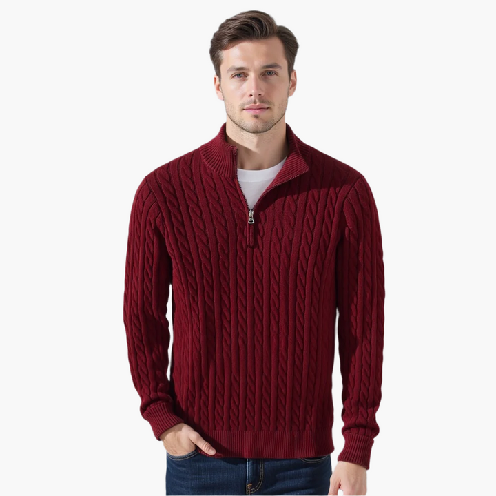 Kabeltrui heren | Gebreid model met half zip en hoge kraag