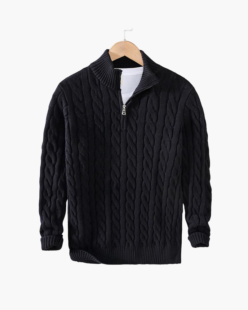 Kabeltrui heren | Gebreid model met half zip en hoge kraag