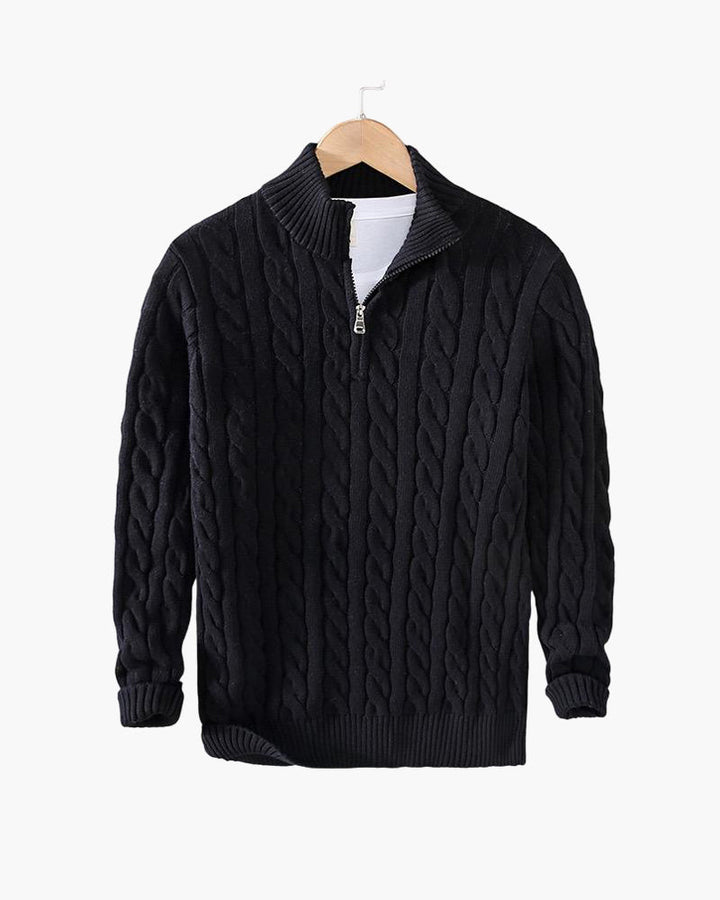 Kabeltrui heren | Gebreid model met half zip en hoge kraag