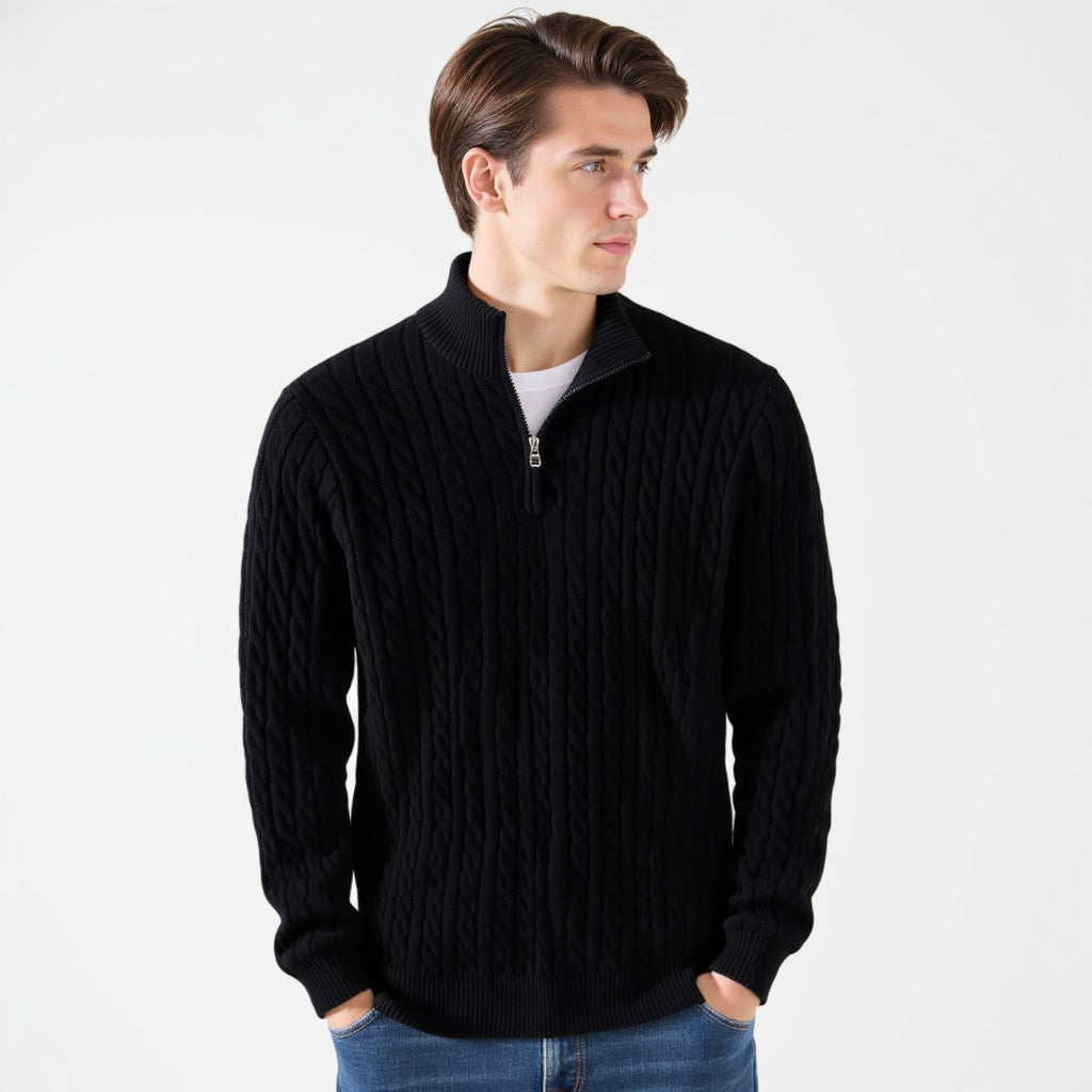 Kabeltrui heren | Gebreid model met half zip en hoge kraag