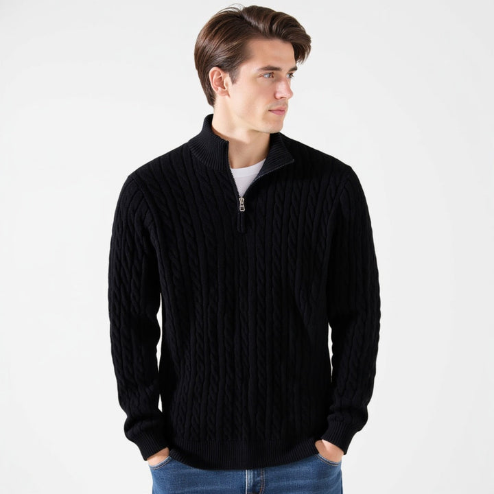 Kabeltrui heren | Gebreid model met half zip en hoge kraag