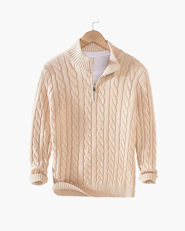 Kabeltrui heren | Gebreid model met half zip en hoge kraag