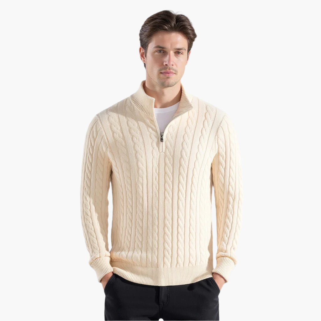 Kabeltrui heren | Gebreid model met half zip en hoge kraag
