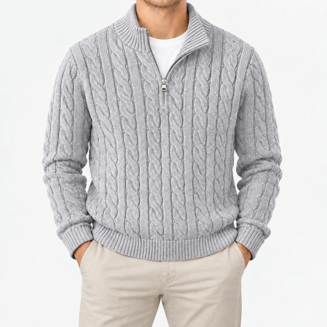 Kabeltrui heren | Gebreid model met half zip en hoge kraag