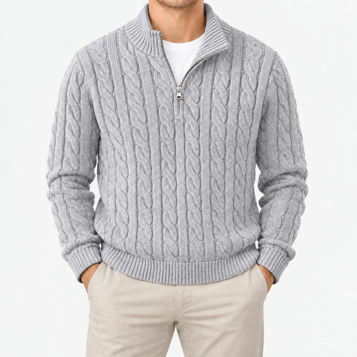 Kabeltrui heren | Gebreid model met half zip en hoge kraag
