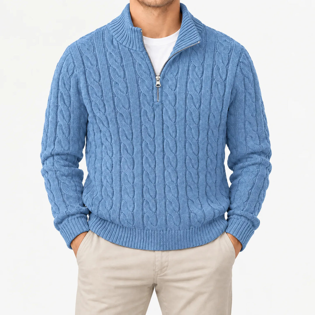 Kabeltrui heren | Gebreid model met half zip en hoge kraag
