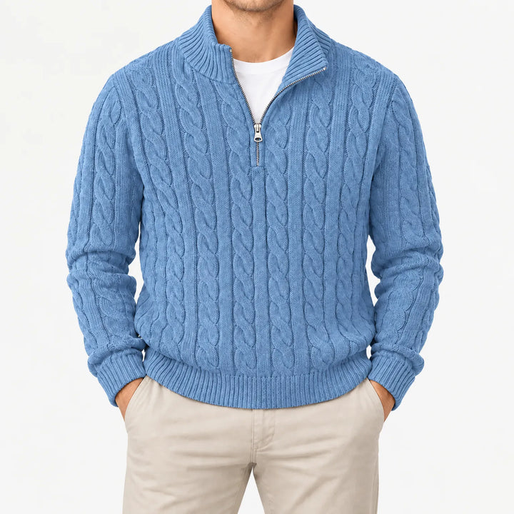 Kabeltrui heren | Gebreid model met half zip en hoge kraag