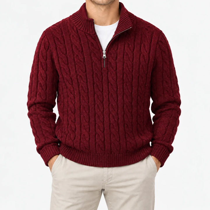 Kabeltrui heren | Gebreid model met half zip en hoge kraag
