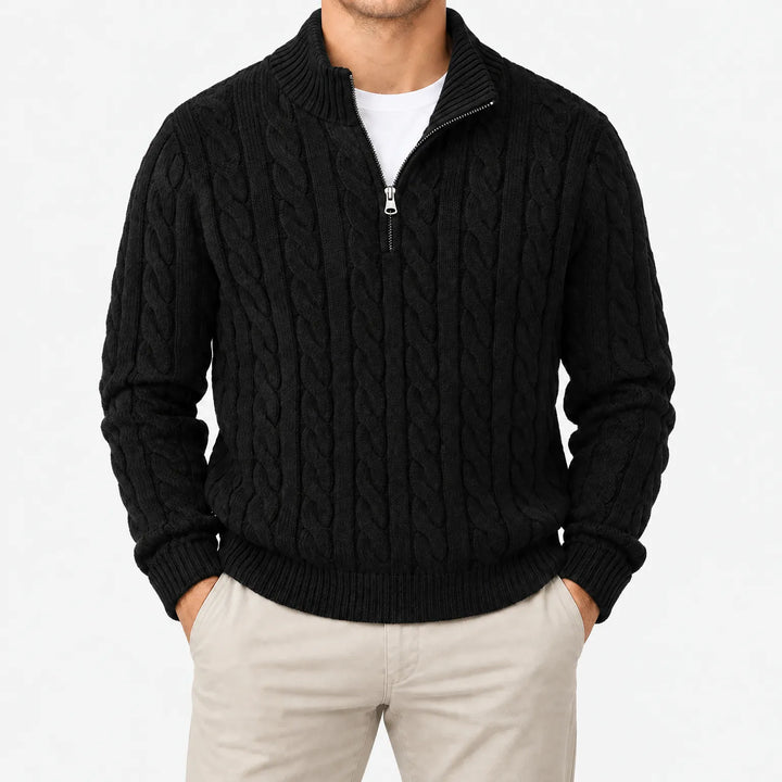 Kabeltrui heren | Gebreid model met half zip en hoge kraag