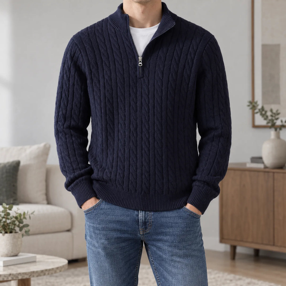 Kabeltrui heren | Gebreid model met half zip en hoge kraag