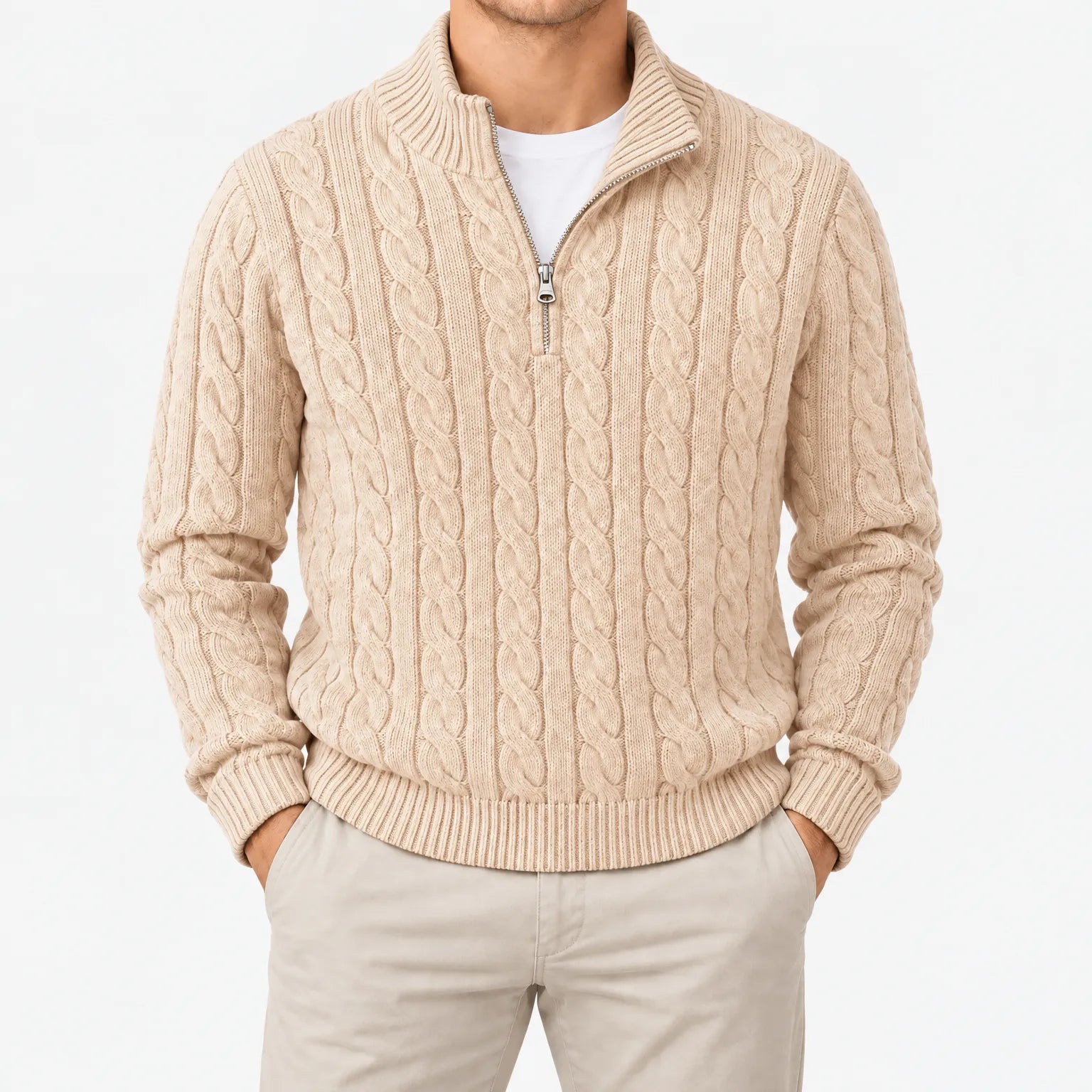 Kabeltrui heren | Gebreid model met half zip en hoge kraag