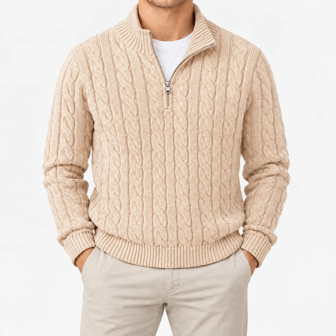 Kabeltrui heren | Gebreid model met half zip en hoge kraag