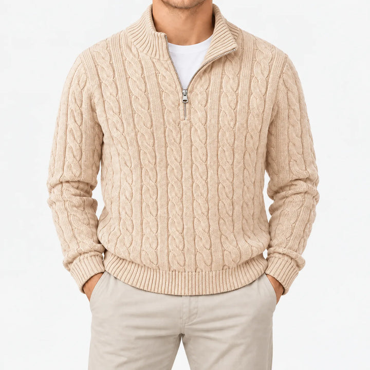Kabeltrui heren | Gebreid model met half zip en hoge kraag