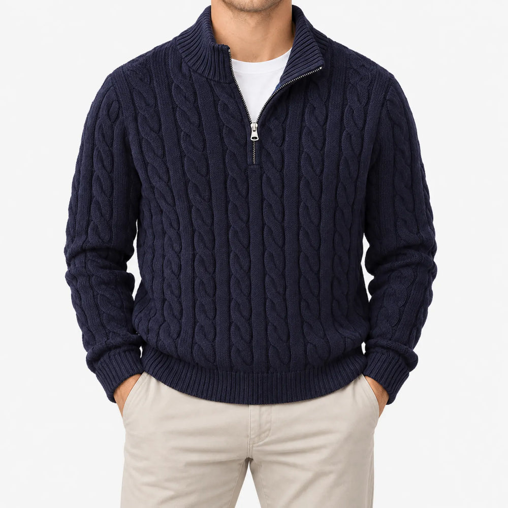 Kabeltrui heren | Gebreid model met half zip en hoge kraag