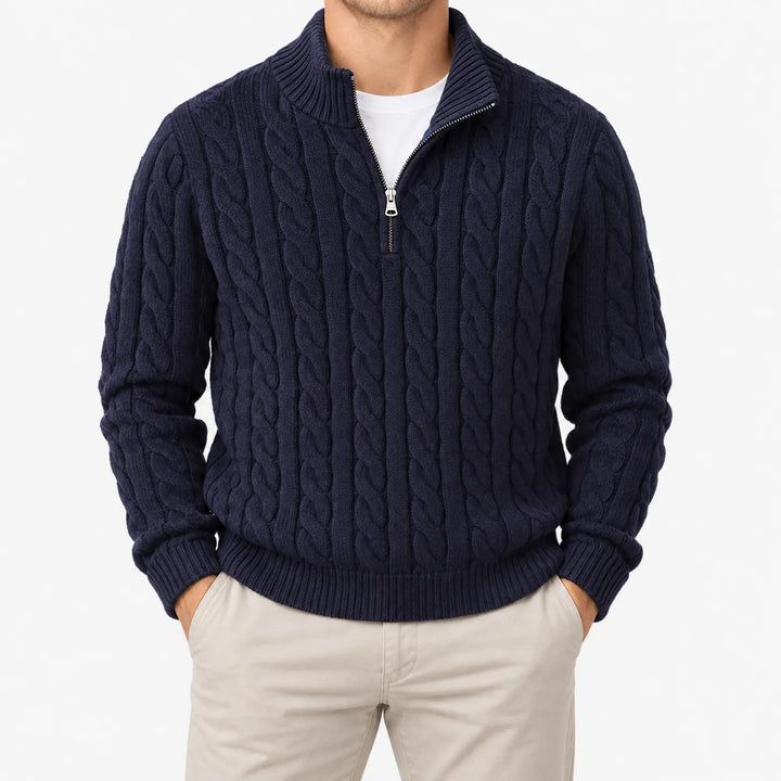 Kabeltrui heren | Gebreid model met half zip en hoge kraag