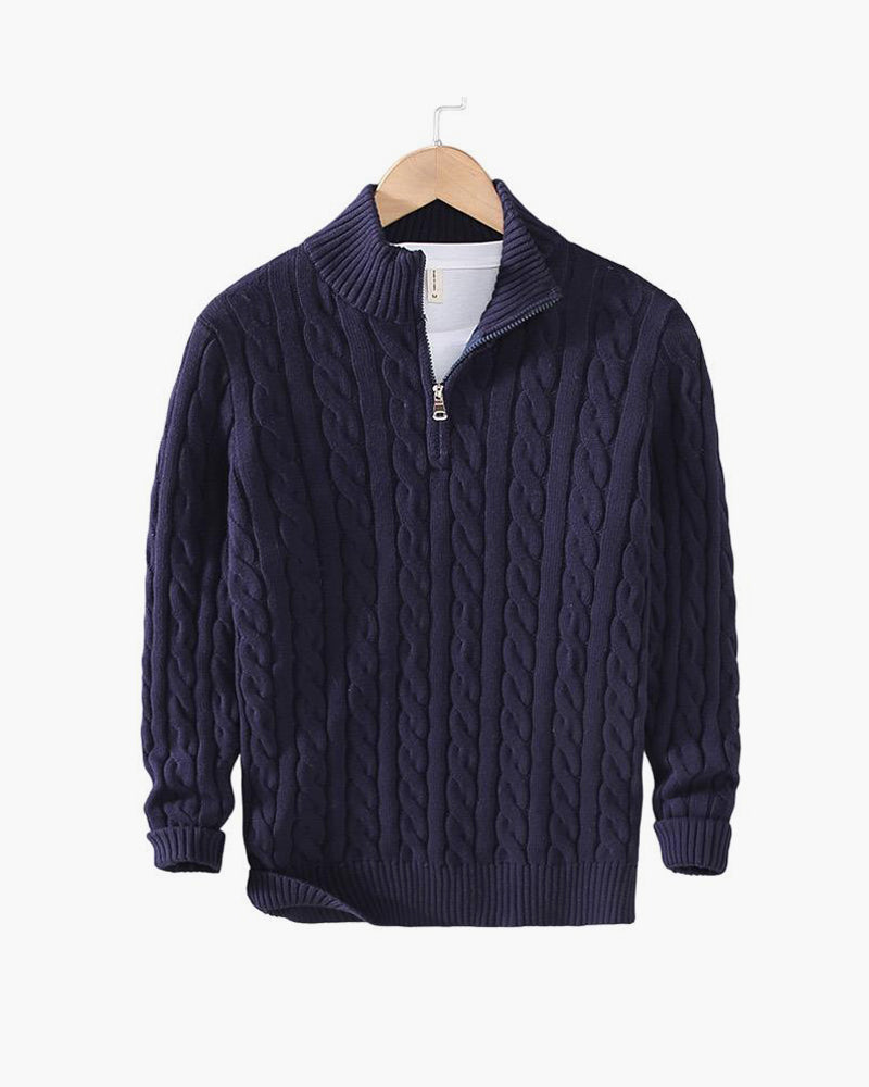 Kabeltrui heren | Gebreid model met half zip en hoge kraag