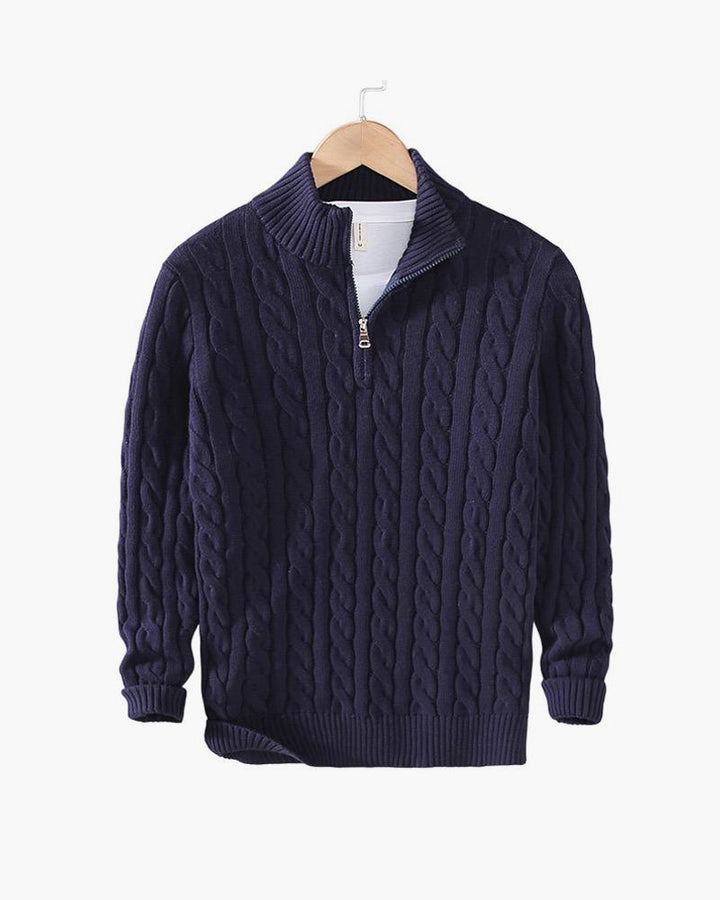 Kabeltrui heren | Gebreid model met half zip en hoge kraag