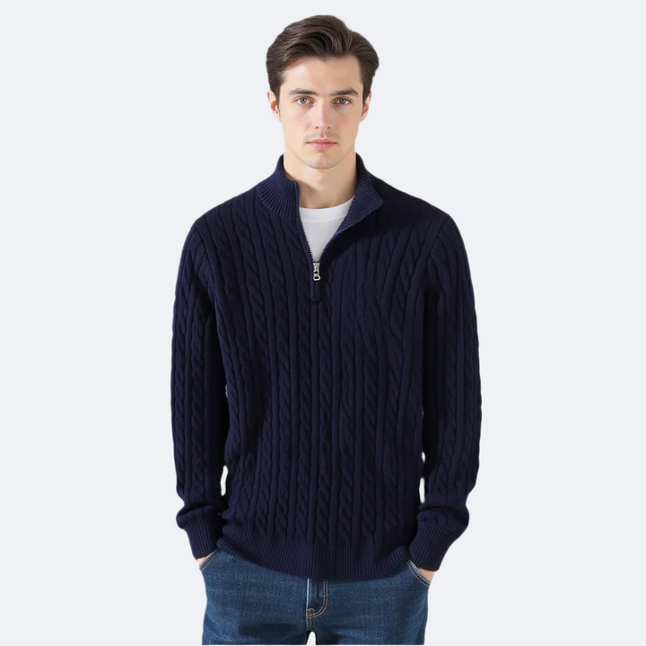 Kabeltrui heren | Gebreid model met half zip en hoge kraag