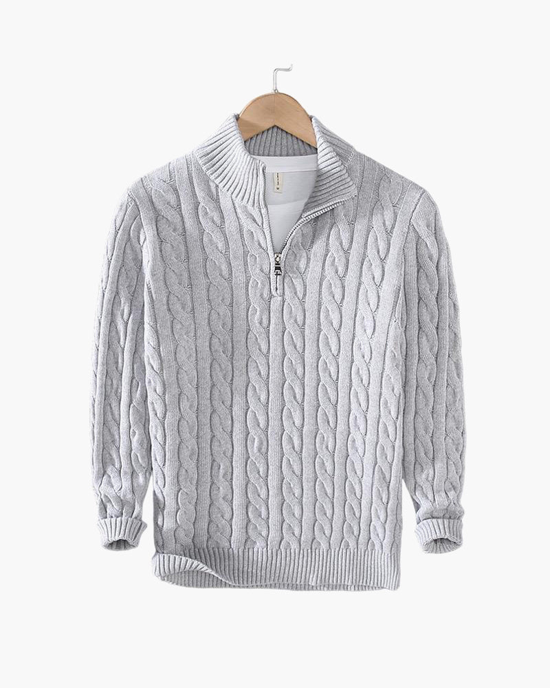 Kabeltrui heren | Gebreid model met half zip en hoge kraag