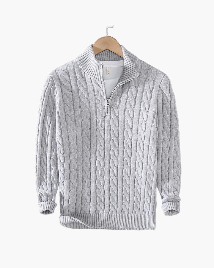 Kabeltrui heren | Gebreid model met half zip en hoge kraag