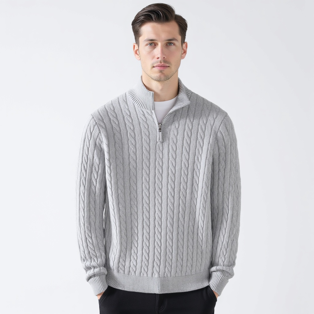 Kabeltrui heren | Gebreid model met half zip en hoge kraag