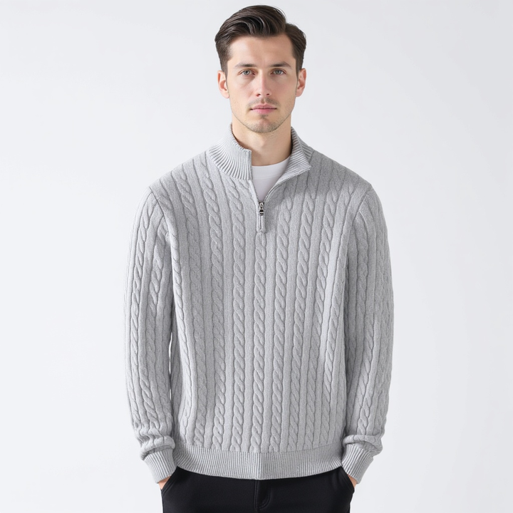 Kabeltrui heren | Gebreid model met half zip en hoge kraag