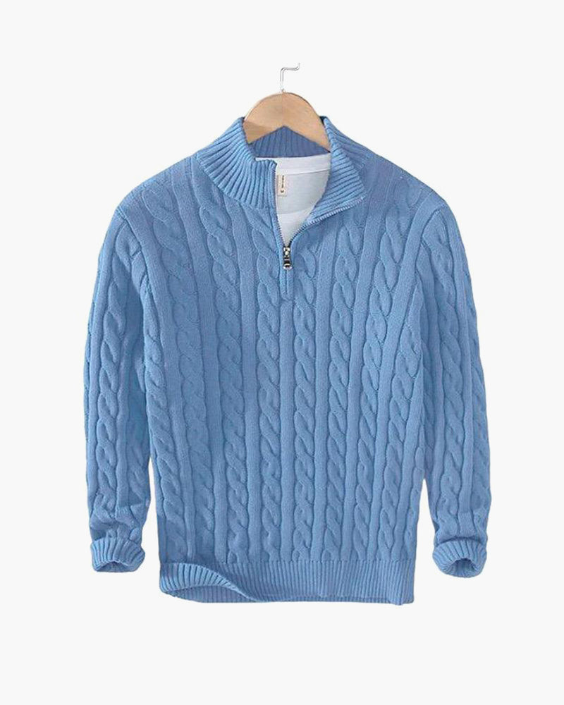 Kabeltrui heren | Gebreid model met half zip en hoge kraag
