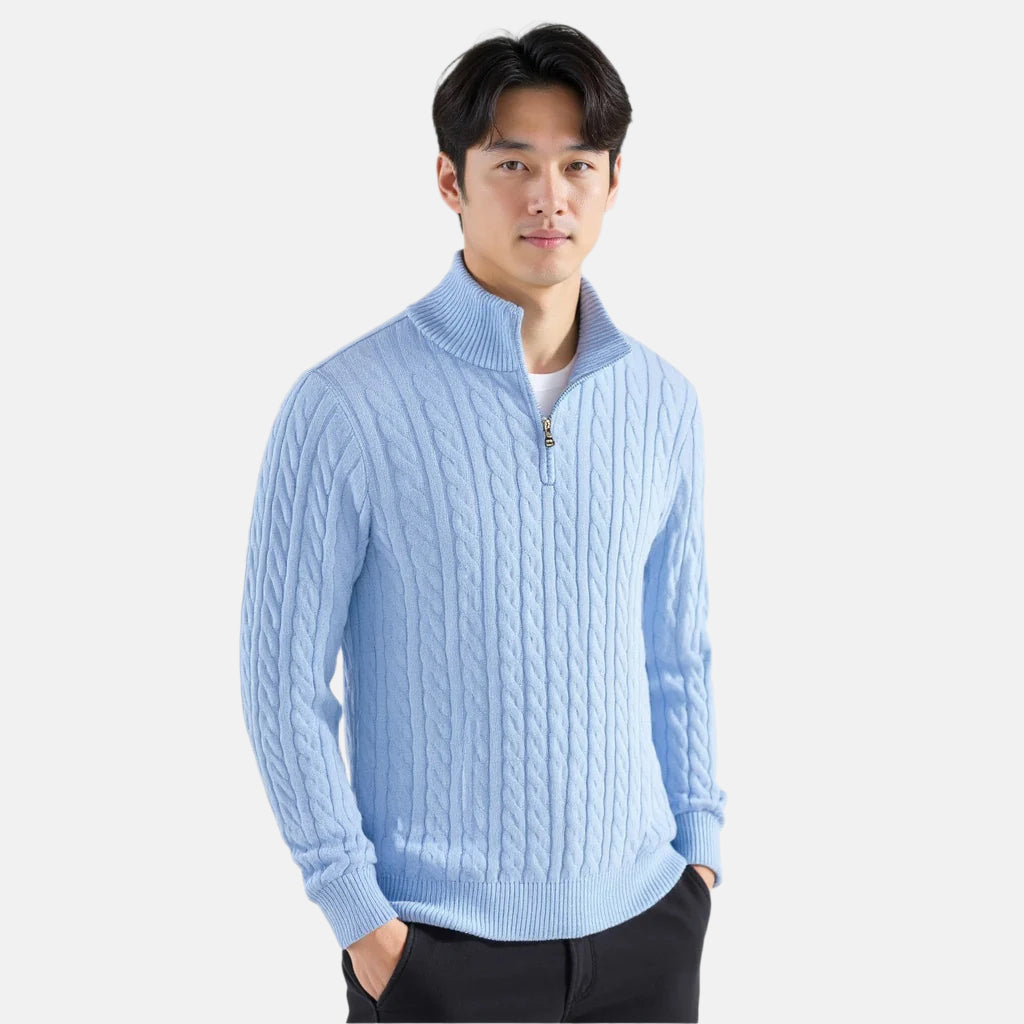 Kabeltrui heren | Gebreid model met half zip en hoge kraag