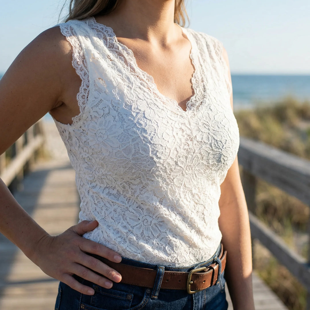 Kanten top dames | Elegante top met bloemen en V-hals