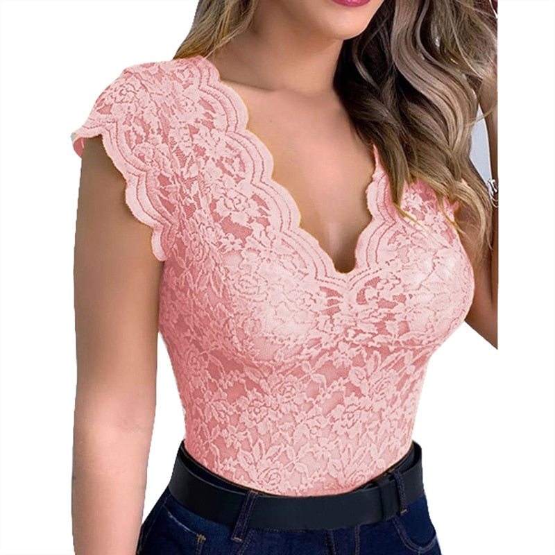 Kanten top dames | Elegante top met bloemen en V-hals