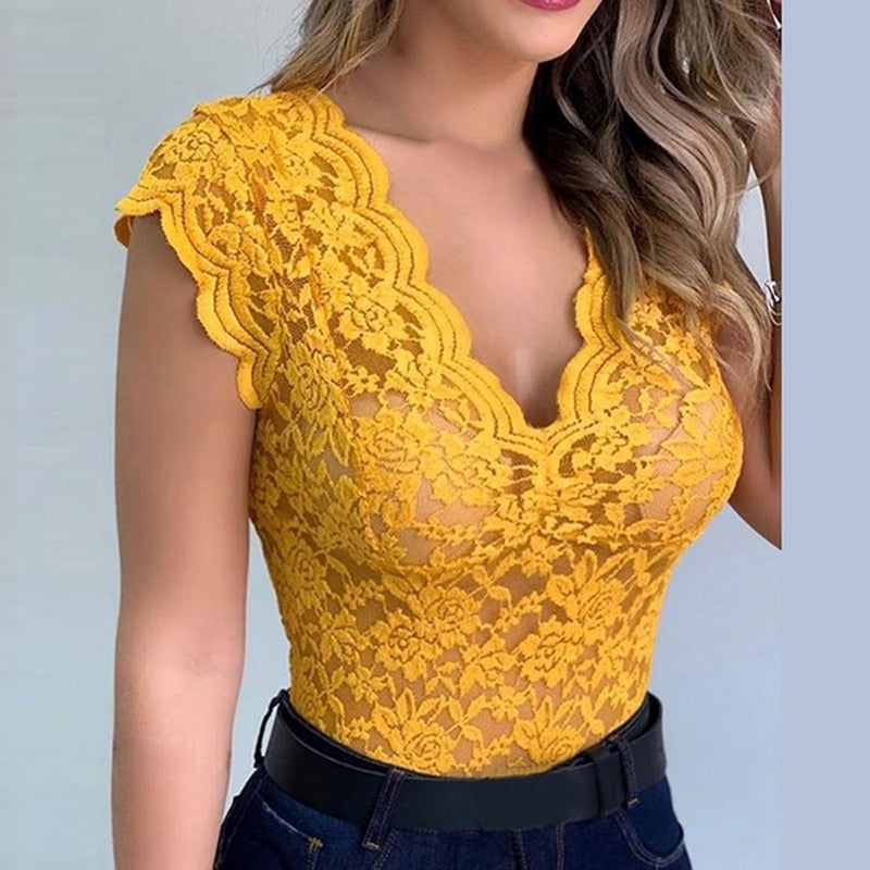 Kanten top dames | Elegante top met bloemen en V-hals
