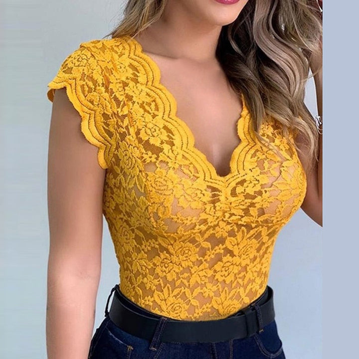 Kanten top dames | Elegante top met bloemen en V-hals